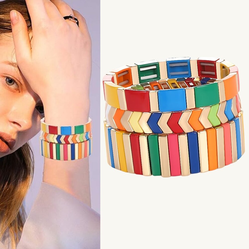 3PC SET Tile Bracelets Enamel Rainbow Bead Bracelets Colorblock Stack Stretch